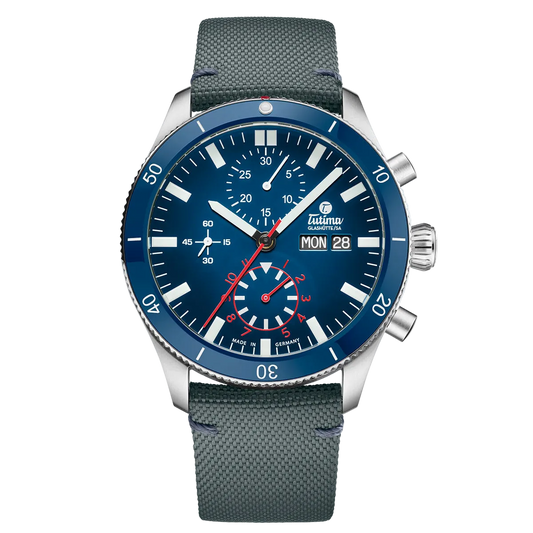 Tutima Grand Flieger Airport Chronograph, reference 6407-01, blue dégradé dial and blue ceramic bezel on a grey Cordura strap