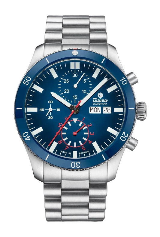 Tutima Grand Flieger Airport Chronograph, reference 6407-02, blue dégradé dial and blue ceramic bezel on a stainless steel bracelet