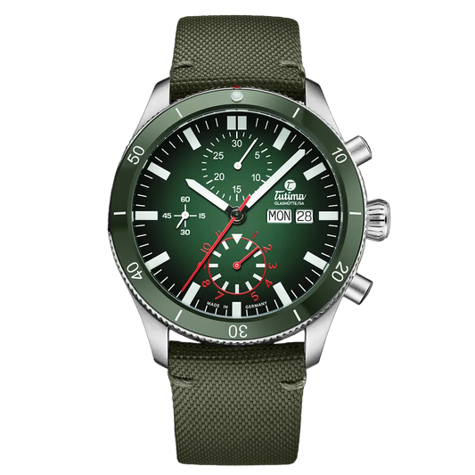 Tutima Grand Flieger Airport Chronograph, reference 6407-03, green dégradé dial and green ceramic bezel on a green Cordura strap