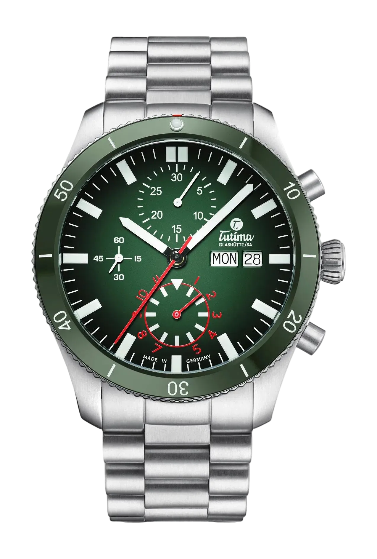 Tutima Grand Flieger Airport Chronograph, reference 6407-04, green dégradé dial and green ceramic bezel in a stainless steel case on a stainless steel bracelet