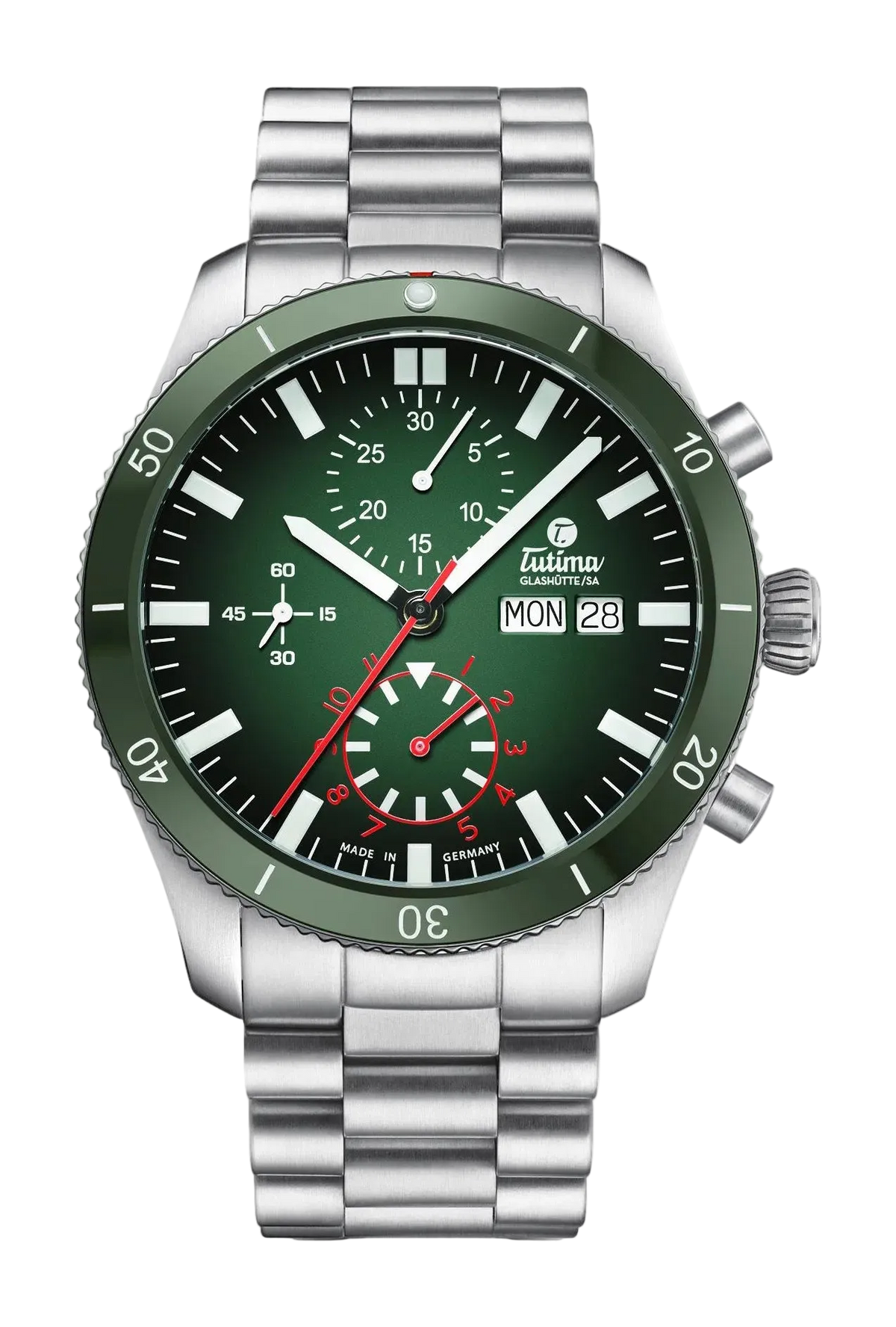 Tutima Grand Flieger Airport Chronograph, reference 6407-04, green dégradé dial and green ceramic bezel in a stainless steel case on a stainless steel bracelet
