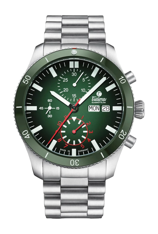 Tutima Grand Flieger Airport Chronograph, reference 6407-04, green dégradé dial and green ceramic bezel in a stainless steel case on a stainless steel bracelet