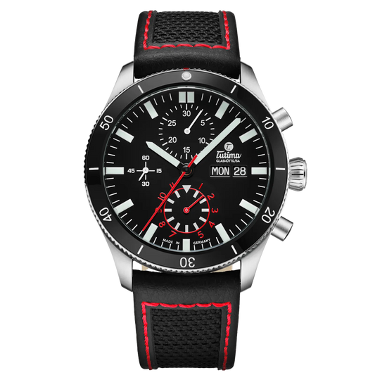Tutima Grand Flieger Airport Chronograph, reference 6407-05, velvet black dial and black ceramic bezel on a Kevlar strap