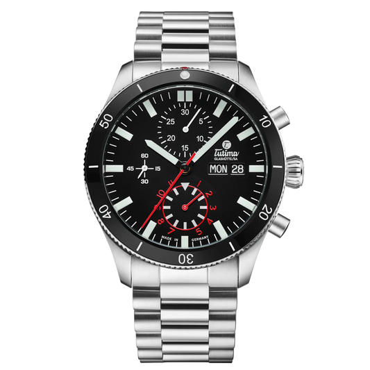 Tutima Grand Flieger Airport Chronograph, reference 6407-06, velvet black dial and black ceramic bezel on a stainless steel bracelet
