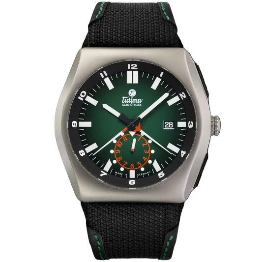 Tutima M2 Chronograph, reference 6450-04, green dégradé dial in a pearlblasted titanium case on a Kevlar strap with green stitching