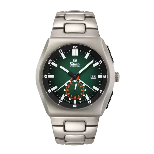 Tutima M2 Chronograph, reference 6450-05, green dégradé dial in a pearlblasted titanium case on a solid titanium bracelet