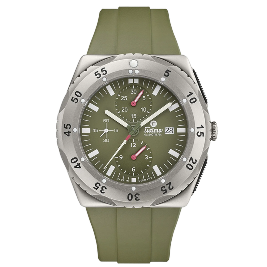 Tutima M2 Mara Safari Chronograph, reference 6451-53, safari green dial in a pearlblasted titanium case on an olive rubber strap