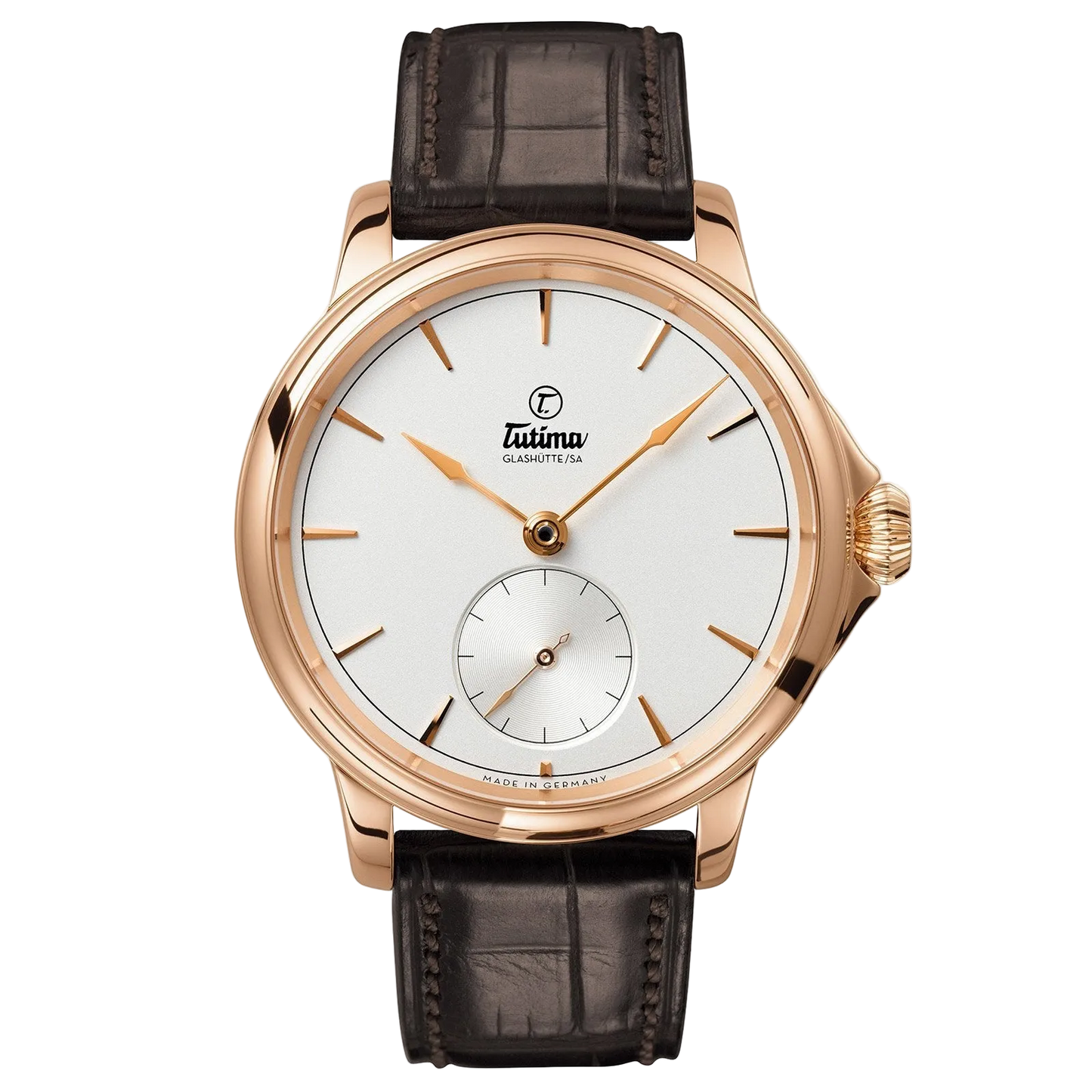 Tutima Patria Small Second, reference 6600-02, finely silver-plated dial in an 18 carat rose gold case on a brown alligator strap