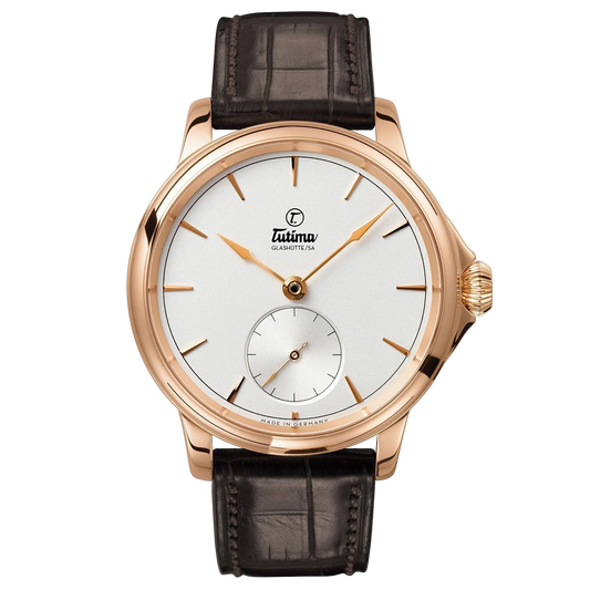 Tutima Patria Small Second, reference 6600-02, finely silver-plated dial in an 18 carat rose gold case on a brown alligator strap