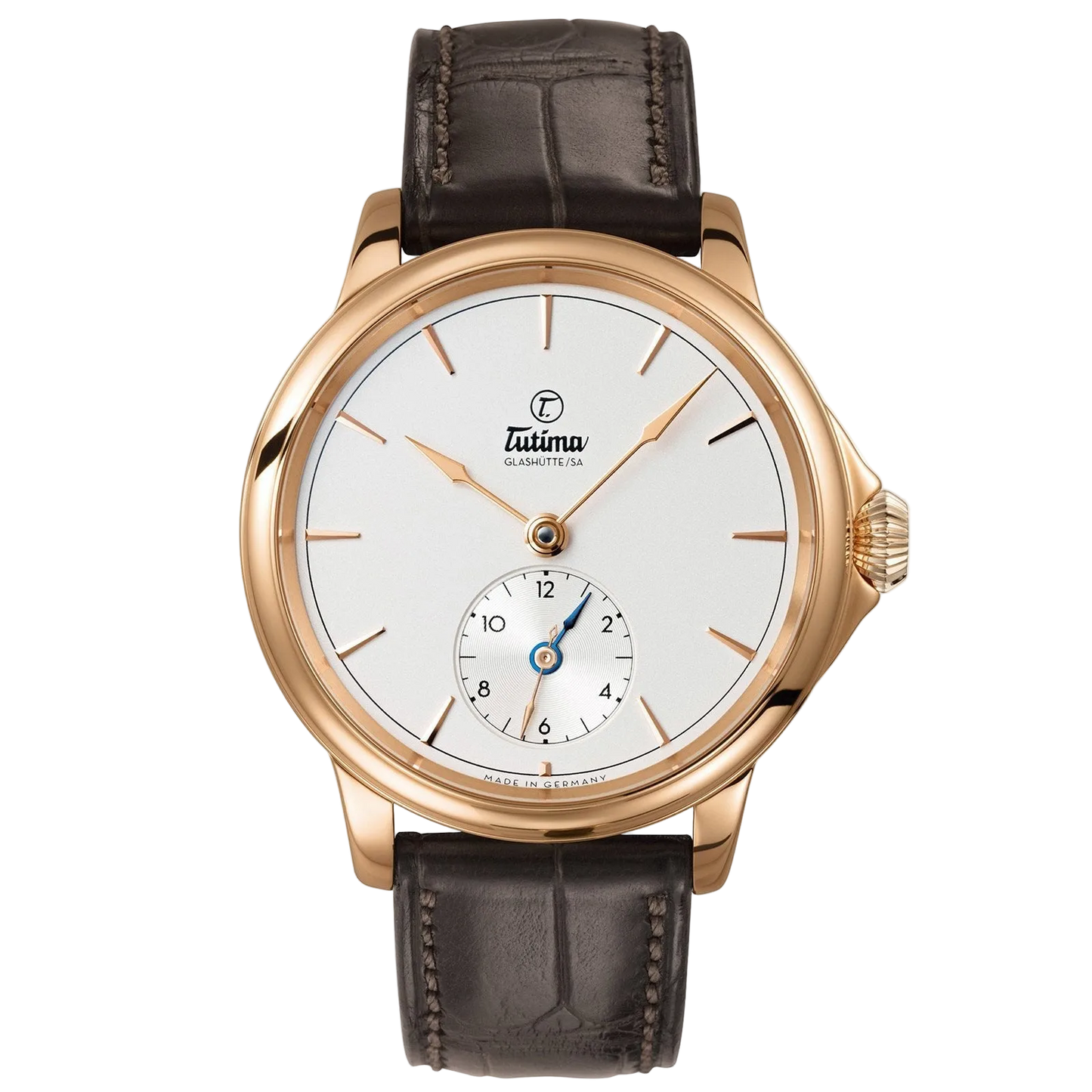Tutima Patria Dual Time, reference 6601-02, finely silver-plated dial with second time zone in an 18 carat rose gold case on a brown alligator strap