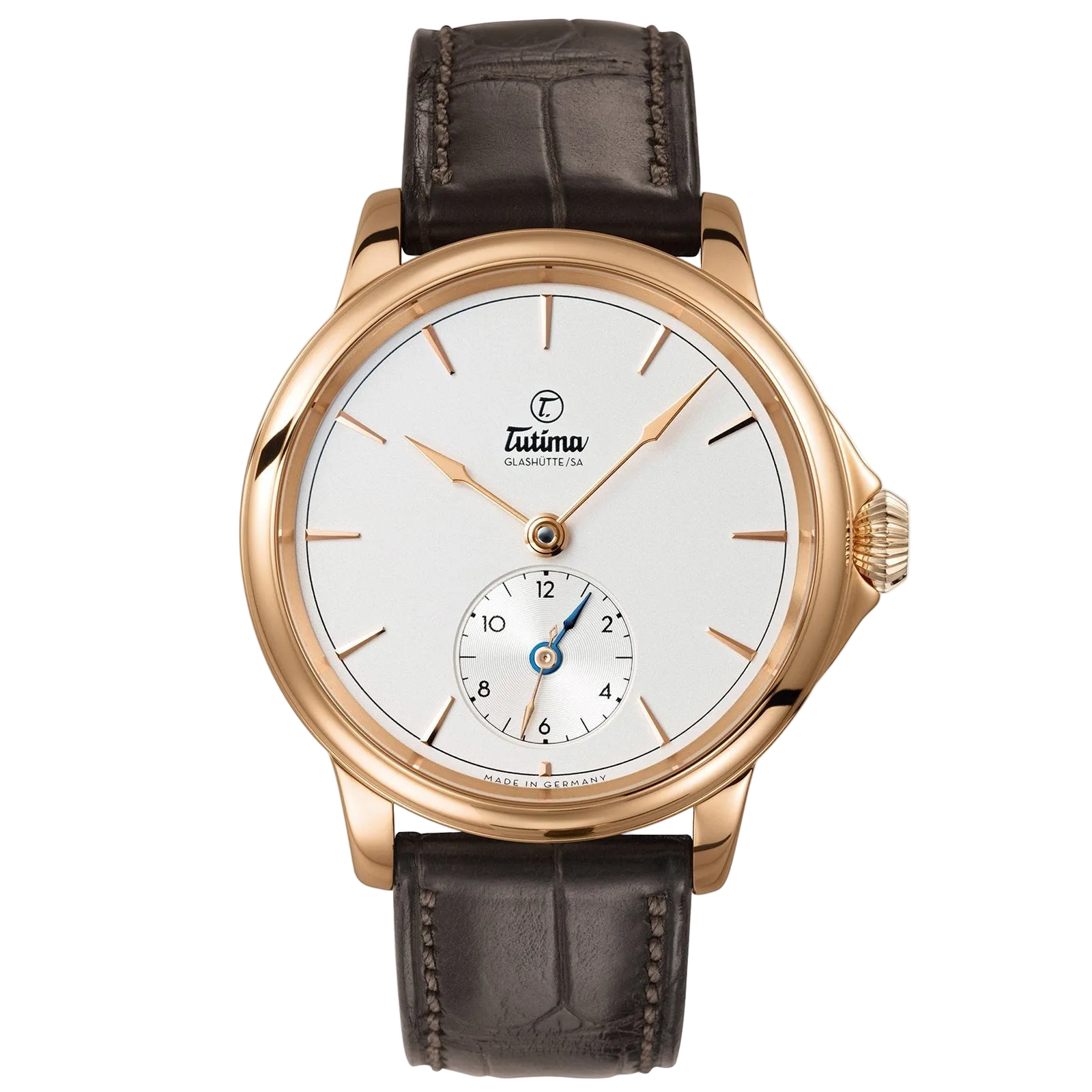 Tutima Patria Dual Time, reference 6601-02, finely silver-plated dial with second time zone in an 18 carat rose gold case on a brown alligator strap