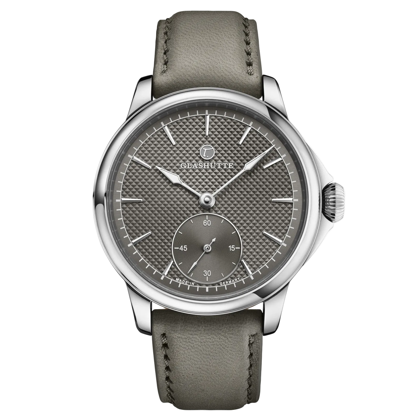 Tutima Patria, reference 6612-03, graphite grey dial with décor in a polished Grade 5 titanium case on a grey sheepskin strap