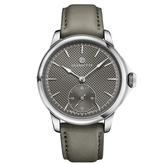 Tutima Patria, reference 6612-03, graphite grey dial with décor in a polished Grade 5 titanium case on a grey sheepskin strap