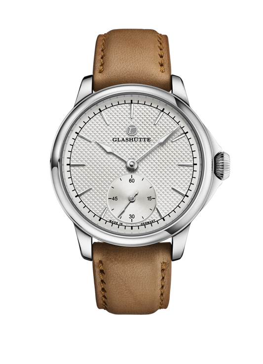 Tutima Patria, reference 6612-05, silver white dial with silver indexes in a Grade 5 titanium case on a light brown sheepskin strap