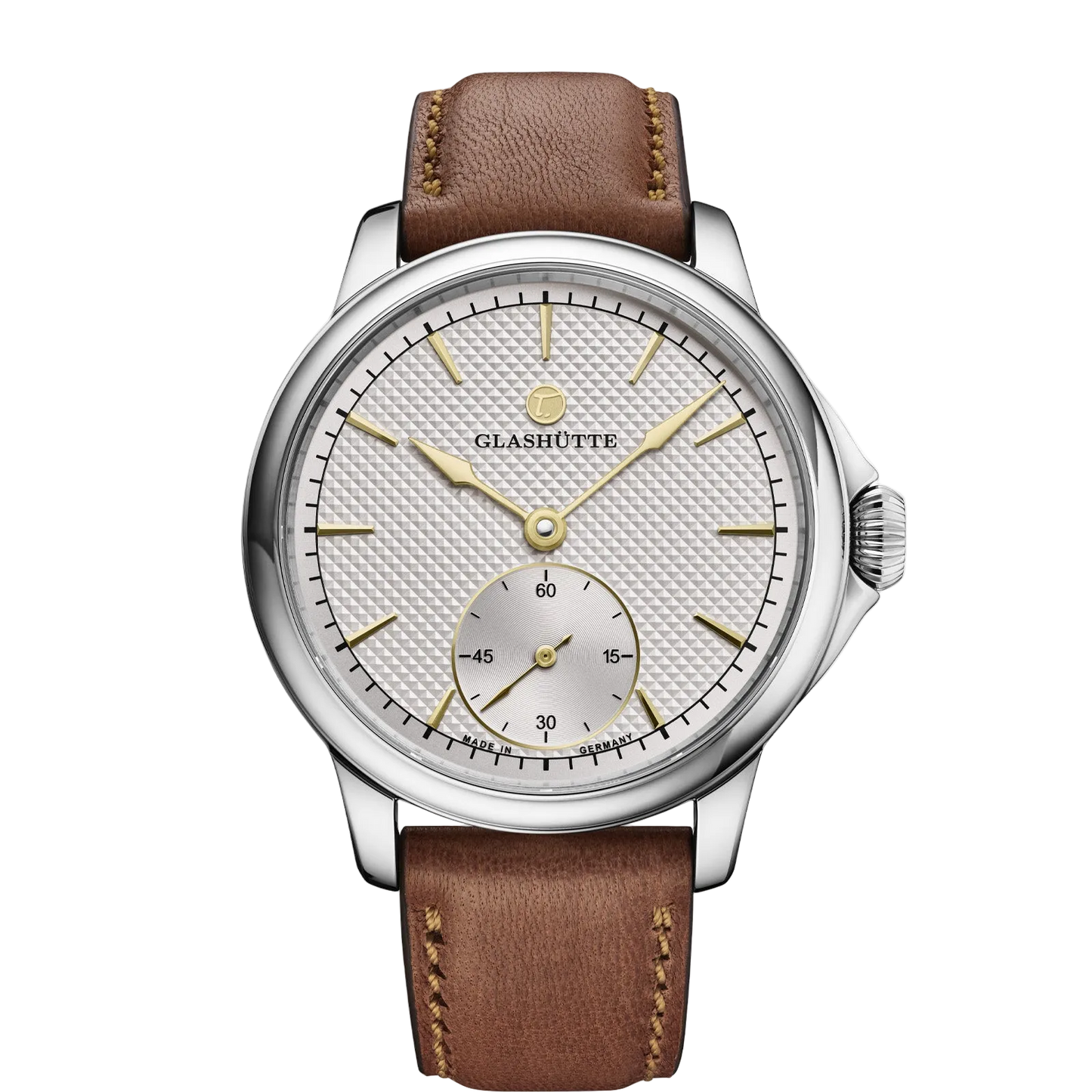 Tutima Patria, reference 6612-09, silver-white dial with décor and 18 carat gold hands in a polished Grade 5 titanium case on a mahogany sheepskin strap