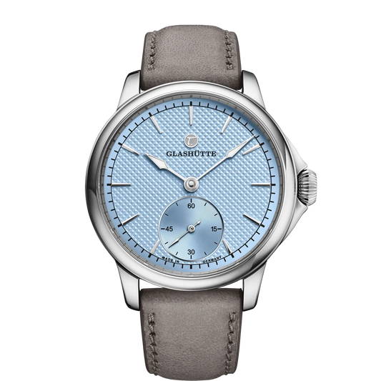 Tutima Patria, reference 6612-11, light blue dial with décor in a Grade 5 titanium case on a graphite grey sheepskin strap