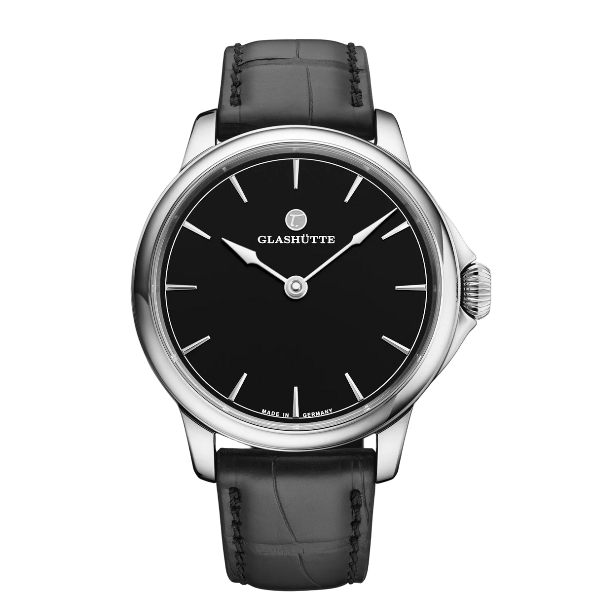 Tutima Patria, reference 6612-21, black lacquered dial in a polished Grade 5 titanium case on a black alligator strap