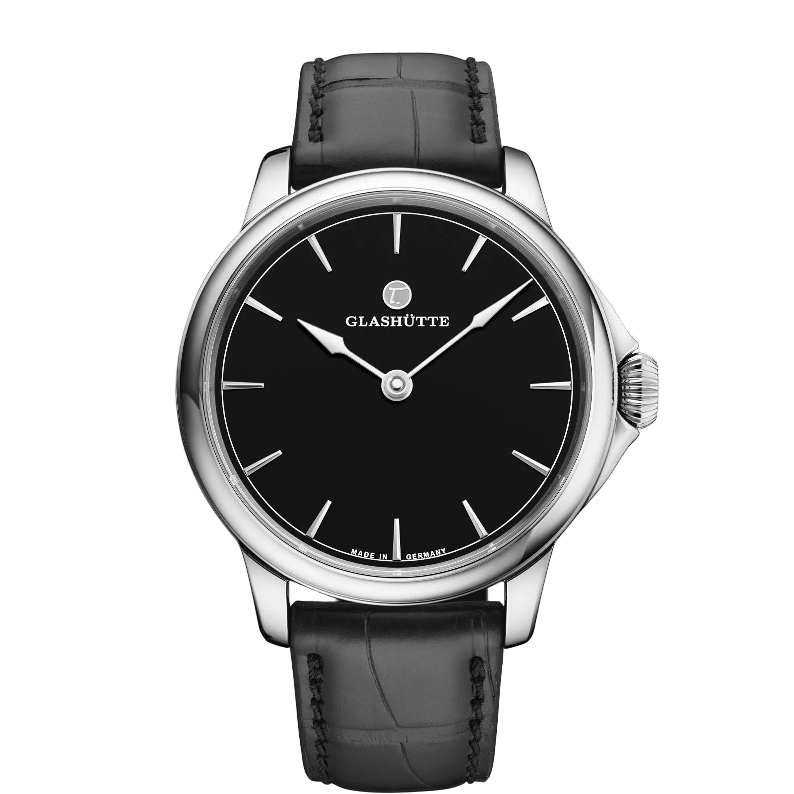 Tutima Patria, reference 6612-21, black lacquered dial in a polished Grade 5 titanium case on a black alligator strap