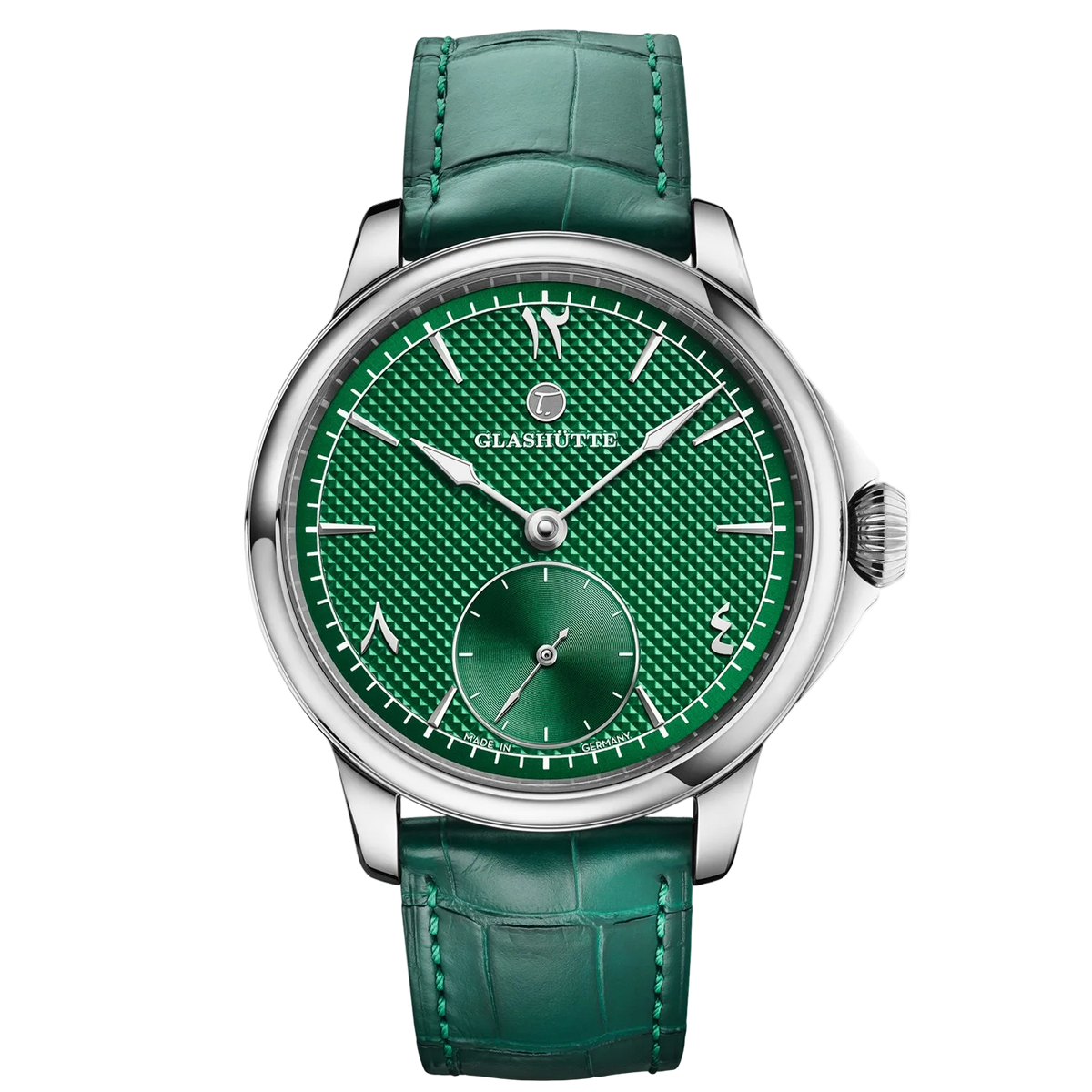 Tutima Patria, reference 6612-98, evergreen dial with décor in a polished Grade 5 titanium case on an evergreen alligator strap