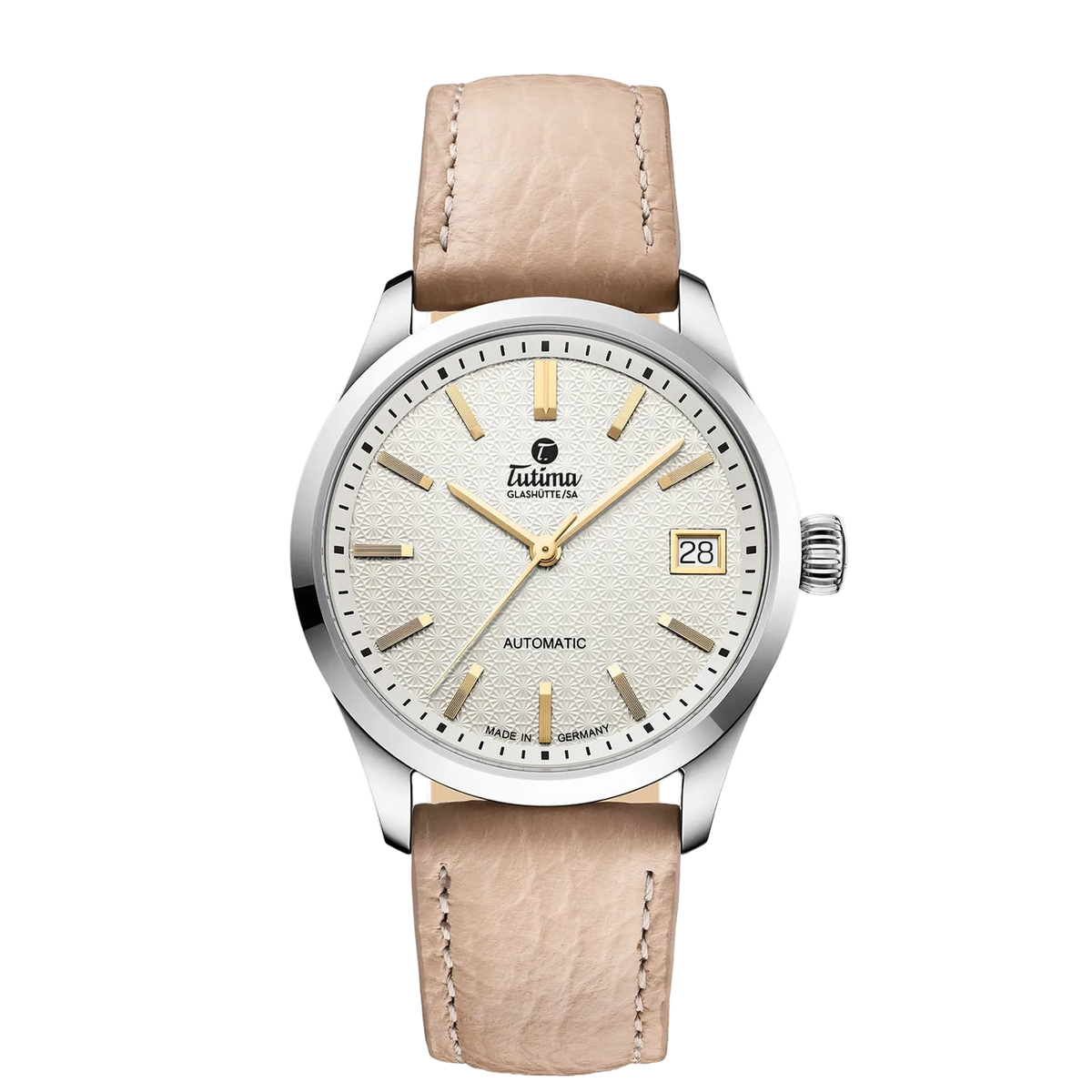 Tutima Lady Sky, reference 6705-01, opal white dial with gold coloured indexes on a leather strap