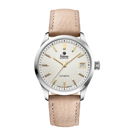 Tutima Lady Sky, reference 6705-01, opal white dial with gold coloured indexes on a leather strap