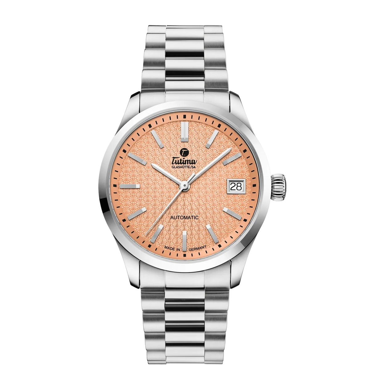 Tutima Lady Sky, reference 6705-04, Peach Fuzz dial with palladium indexes on a stainless steel bracelet