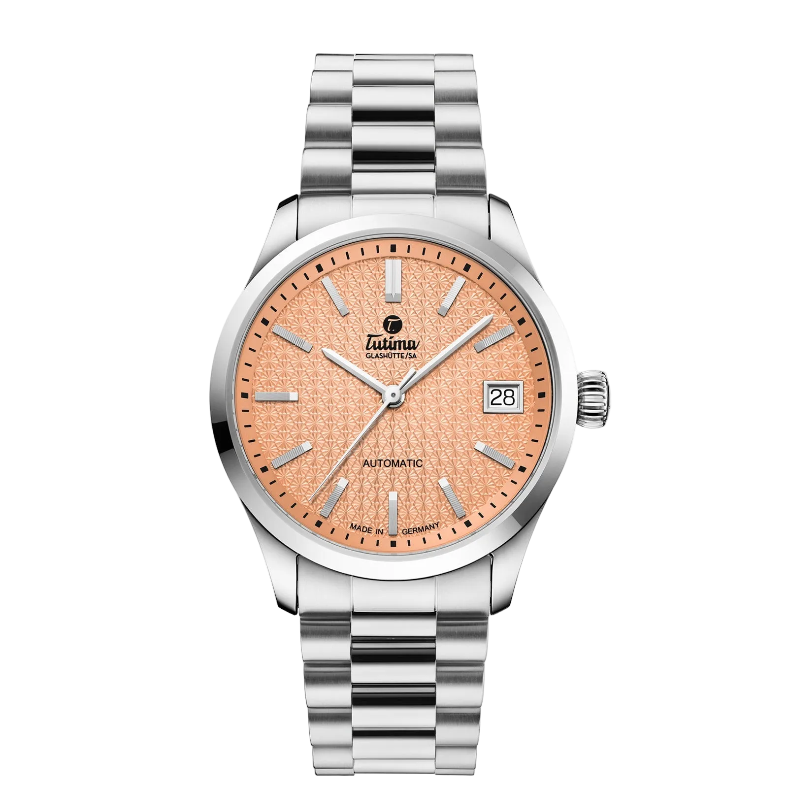 Tutima Lady Sky, reference 6705-04, Peach Fuzz dial with palladium indexes on a stainless steel bracelet