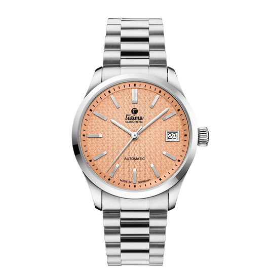 Tutima Lady Sky, reference 6705-04, Peach Fuzz dial with palladium indexes on a stainless steel bracelet