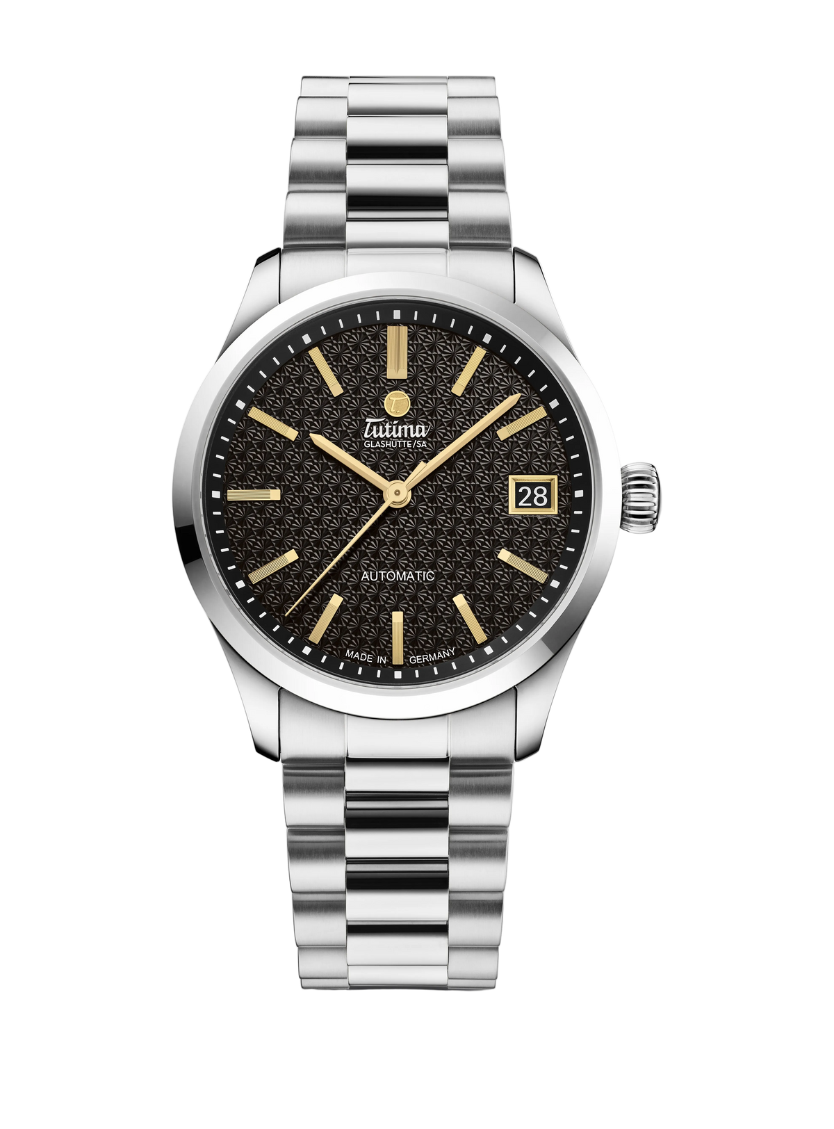 Tutima Lady Sky, reference 6705-10, black dial with gold coloured indexes on a stainless steel bracelet