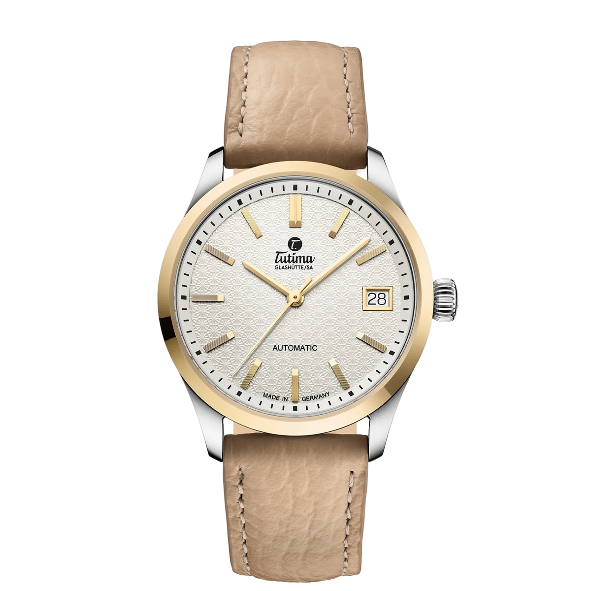 Tutima Lady Sky, reference 6705-21, opal white dial with gold coloured indexes under an 18 carat gold bezel on a leather strap