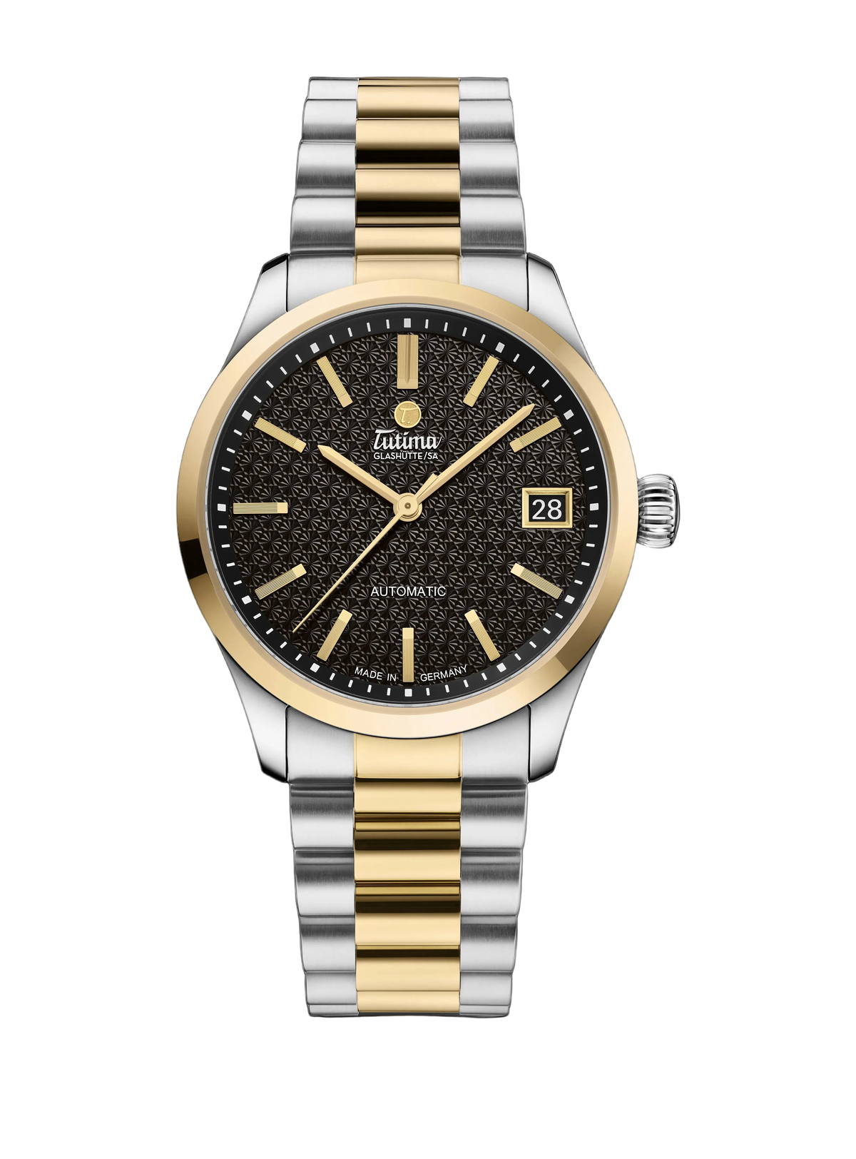 Tutima Lady Sky, reference 6705-26, black dial with gold coloured indexes under an 18 carat gold bezel on a bicolour bracelet